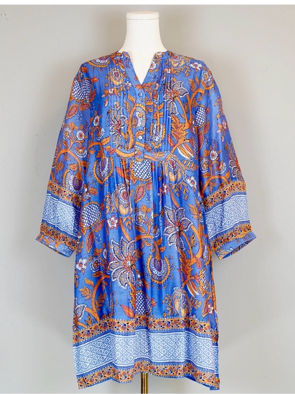 LA PLAGE Blue Floral Boho Dress with Orange Accents